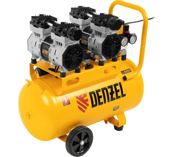 Безмаслянный малошумный компрессор Denzel DLS 1500/50, 1500 Вт, 2x750, 50 л, 260 л/мин